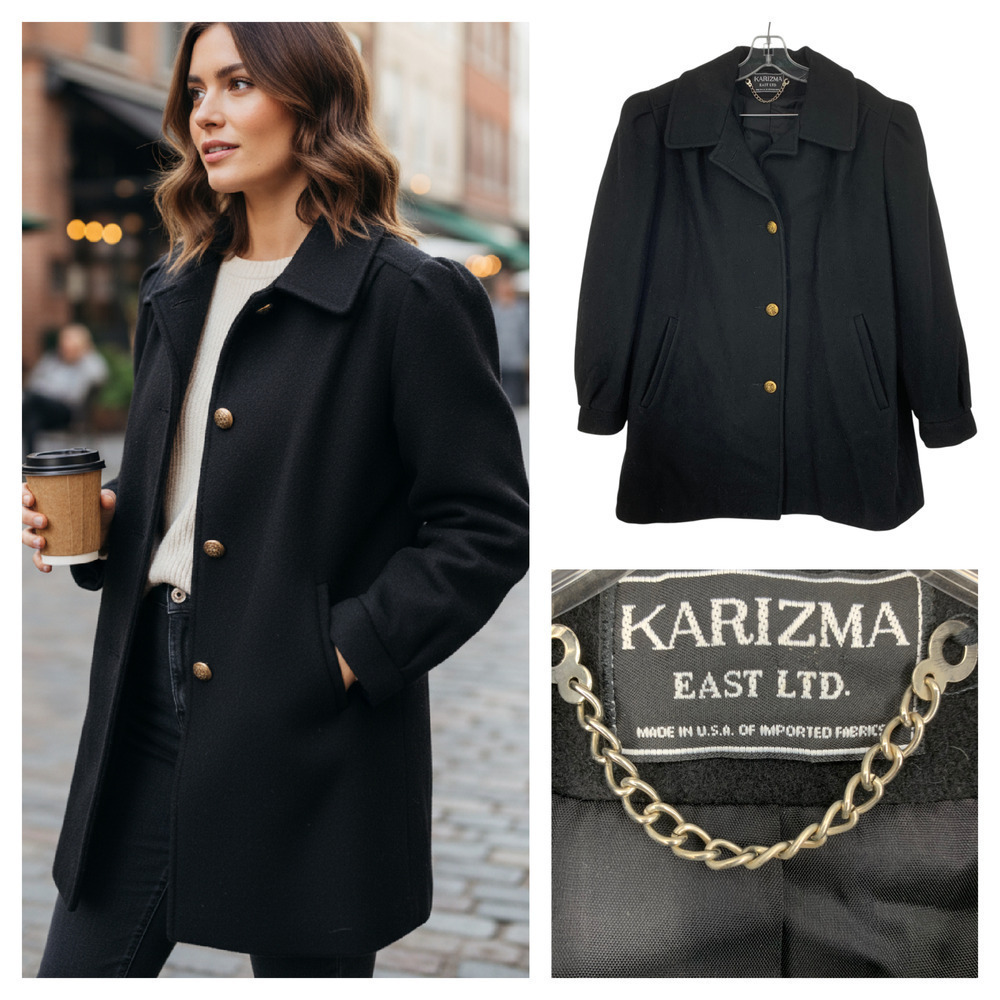 Vintage 1980's Karizma East Sz 16 Black Wool Pea Coat Puff Sleeve Union Label